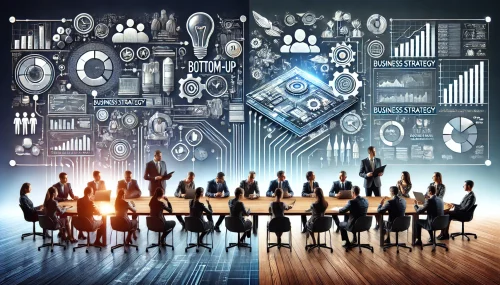 DALL·E 2024-12-08 10.42.40 - A conceptual illustration showing a business strategy discussion. The image features two contrasting scenes_ on the left, a 'Bottom-Up' approach with