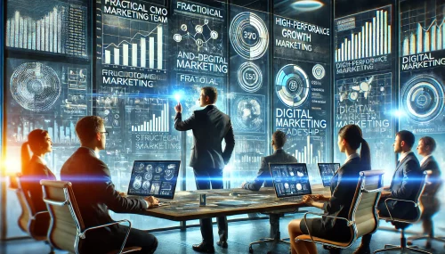 DALL·E 2025-03-17 13.23.47 - A dynamic, futuristic marketing team in a high-tech office, collaborating with a strategic leader. The leader represents a Fractional CMO, guiding the