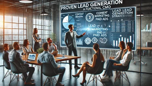 DALL·E 2025-03-17 18.49.53 - A startup marketing team in a high-tech office, collaborating with a strategic leader representing a Fractional CMO. The leader is presenting proven l