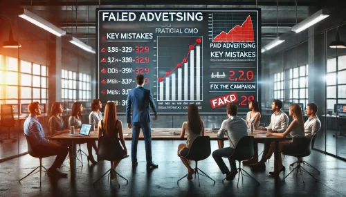 DALL·E 2025-03-17 18.52.31 - A startup marketing team in a modern office, analyzing a failed paid advertising campaign on a large digital screen. The screen displays declining met